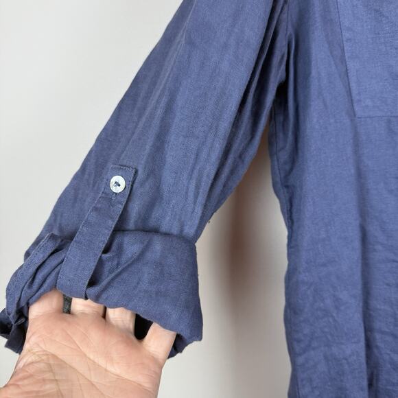 Chico's Linen Top Women 1 US M Blue Sequin Button Up Roll Tab Crochet Beach Boho - Picture 3 of 9